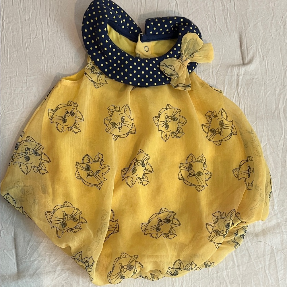 Yellow Baby Romper with Navy Polka Dot Collar